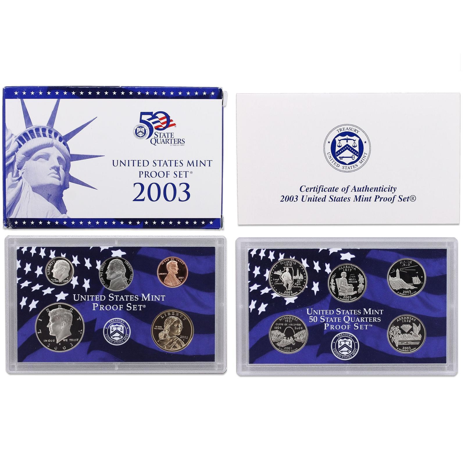 2003 S Proof Set Original Box & COA 10 Coins CN-Clad