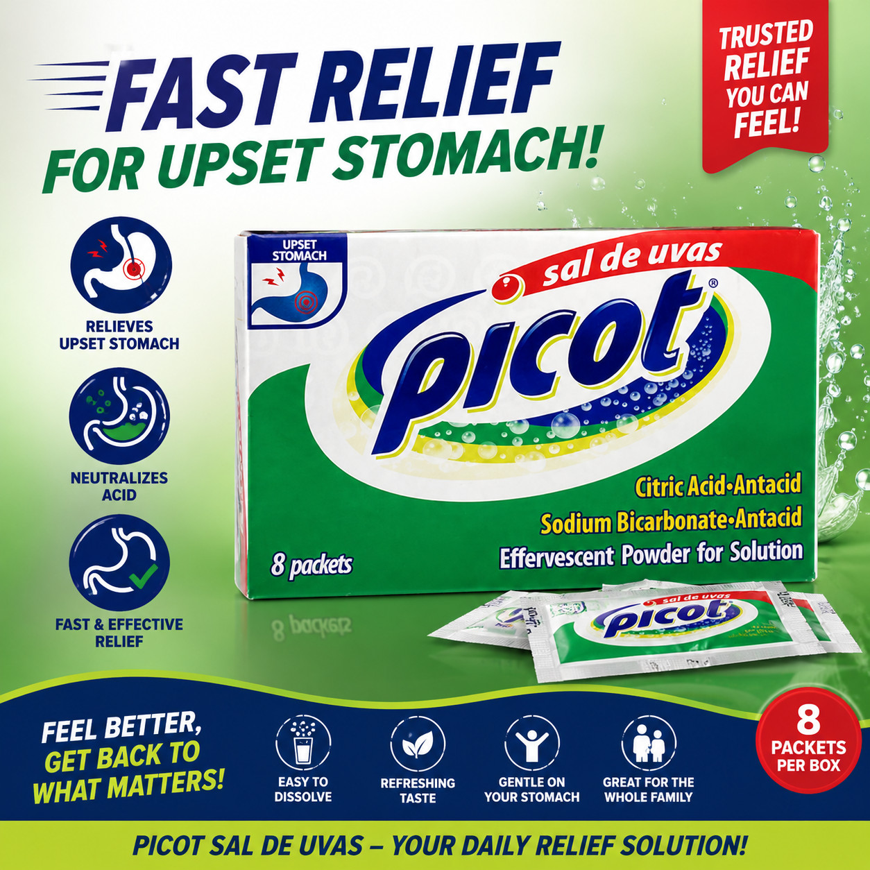 (2 Pack) Sal De Uvas Picot Effervescent Antacid Powder Heartburn Relief, New