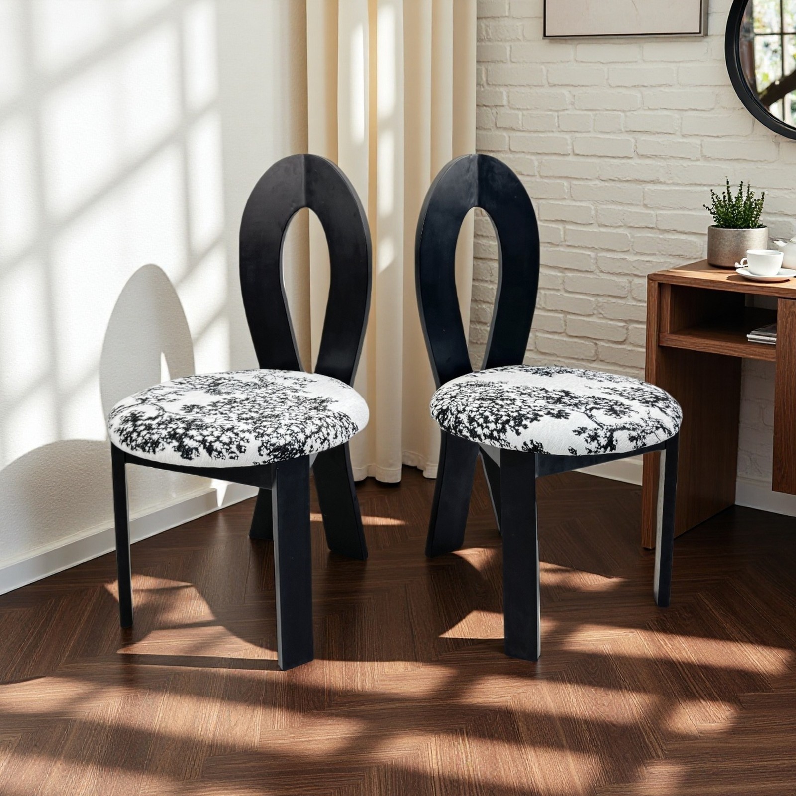 2Pcs Dining Chairs Key-Design Home Chair Linen Upholstered Dining Chairs Black
