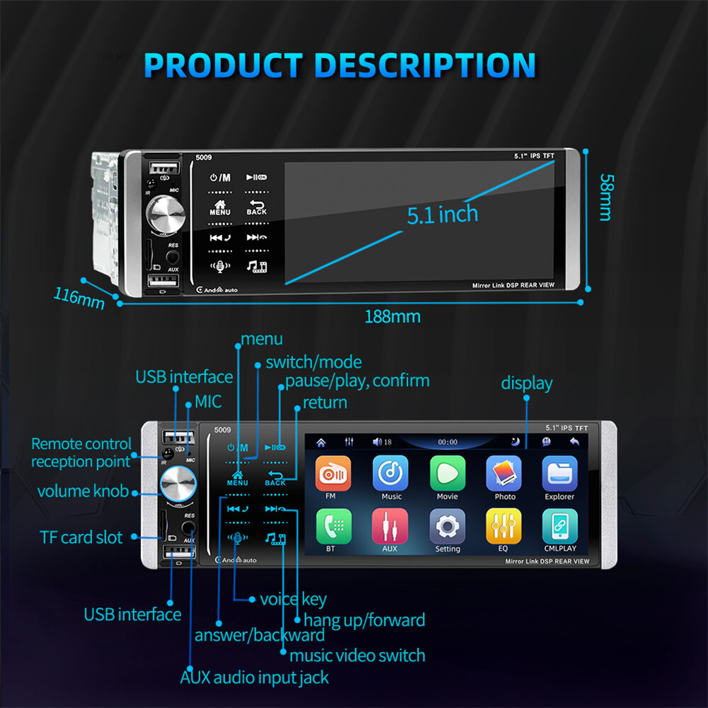 Touch Screen Stereo Radio 5.1in Single 1DIN Car MP5 Player Bluetooth W/Camera