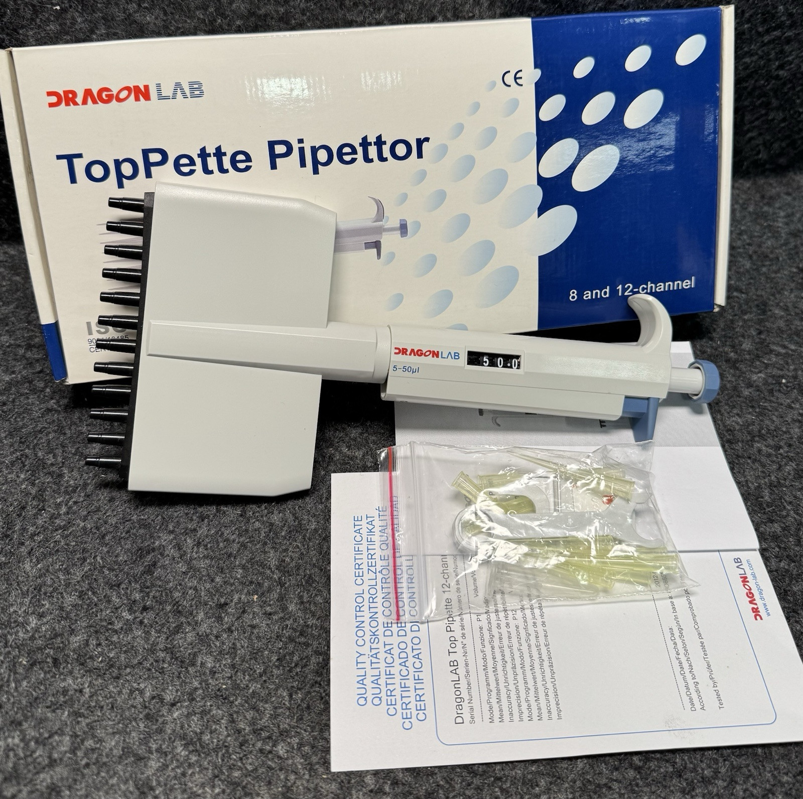 Dragon Lab TopPette 5-50ul 12 Channel Pipettor Adjustable 21R790