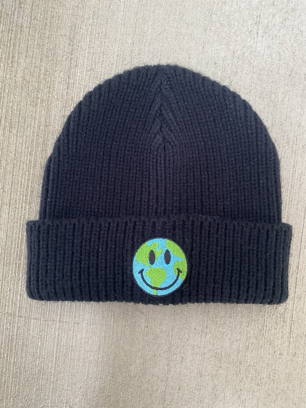 Smiling Planet Earth Patch Beanie | Black Ribbed Knit Cuffed Hat | Street wear