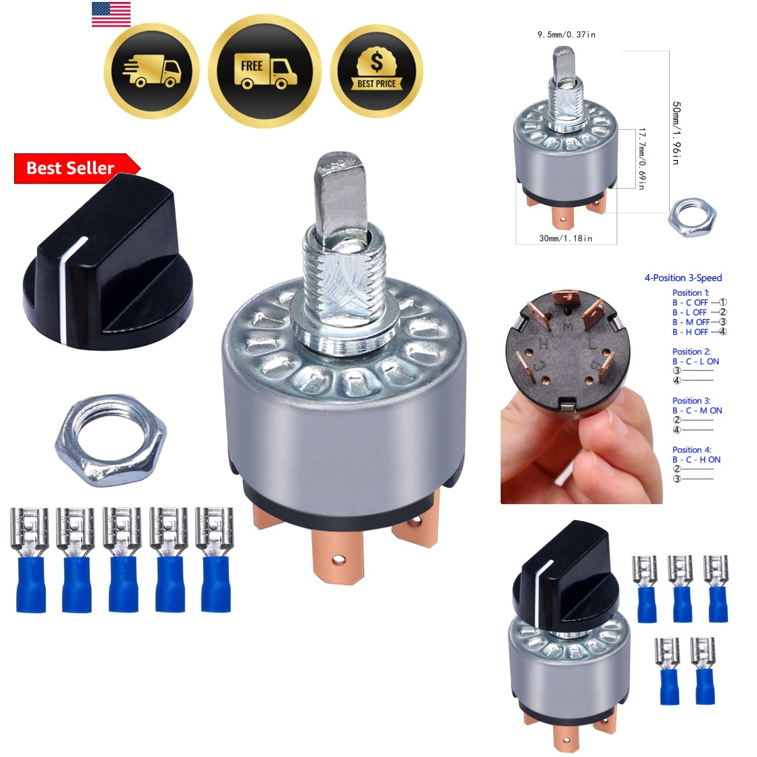 Rotary Switch 4 Position 3 Speed Fan Switch 12A 250V/16A 125V Metal Fan Heate...