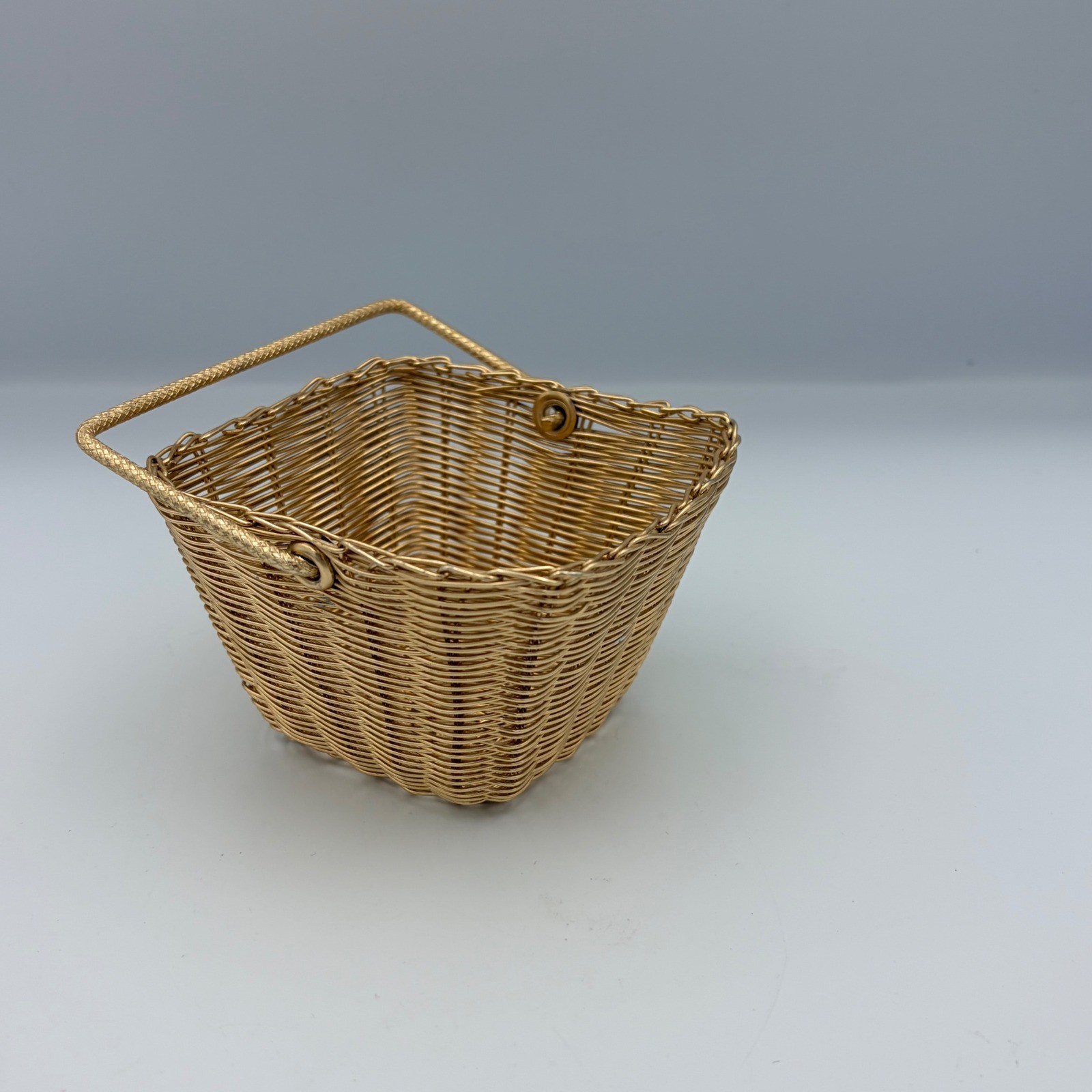 Gold Wire Woven Square Basket With Handle Trinket Candy Storage Organizer