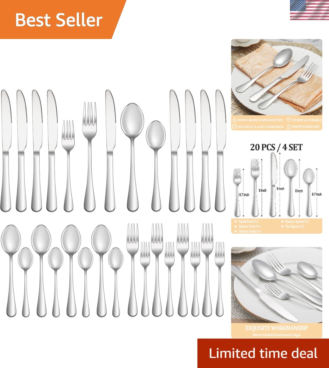 20 Piece Silverware Set Service for 4, Stainless Steel Flatware Set,Mirror Po...