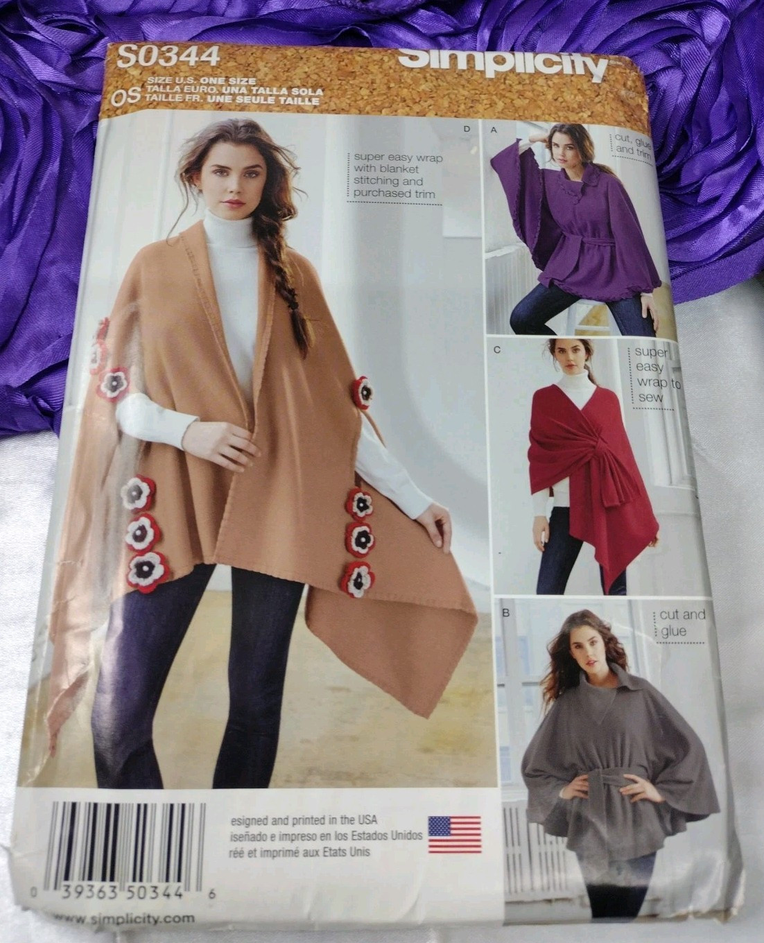 Simplicity 0344, One Size, Misses' Fleece Poncho, Wrap, New Uncut