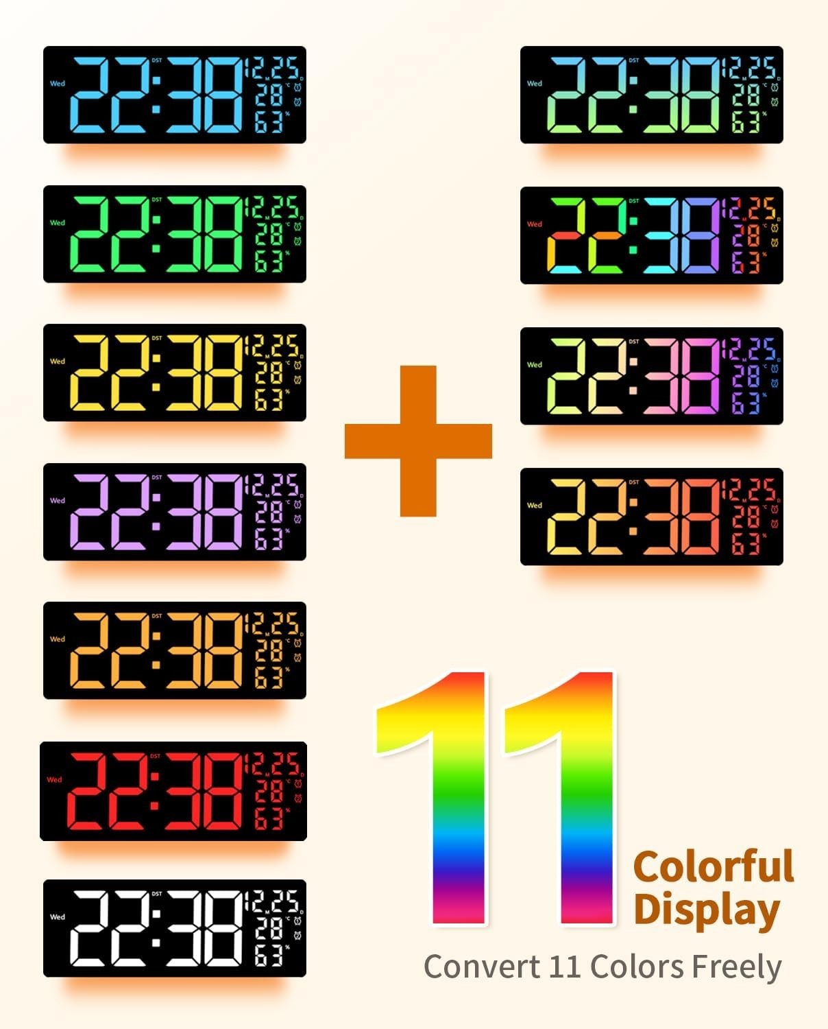 17.2" Large Digital Wall Mount Clock, Count Down Timer, Alarm, Big LED, 11 RG...