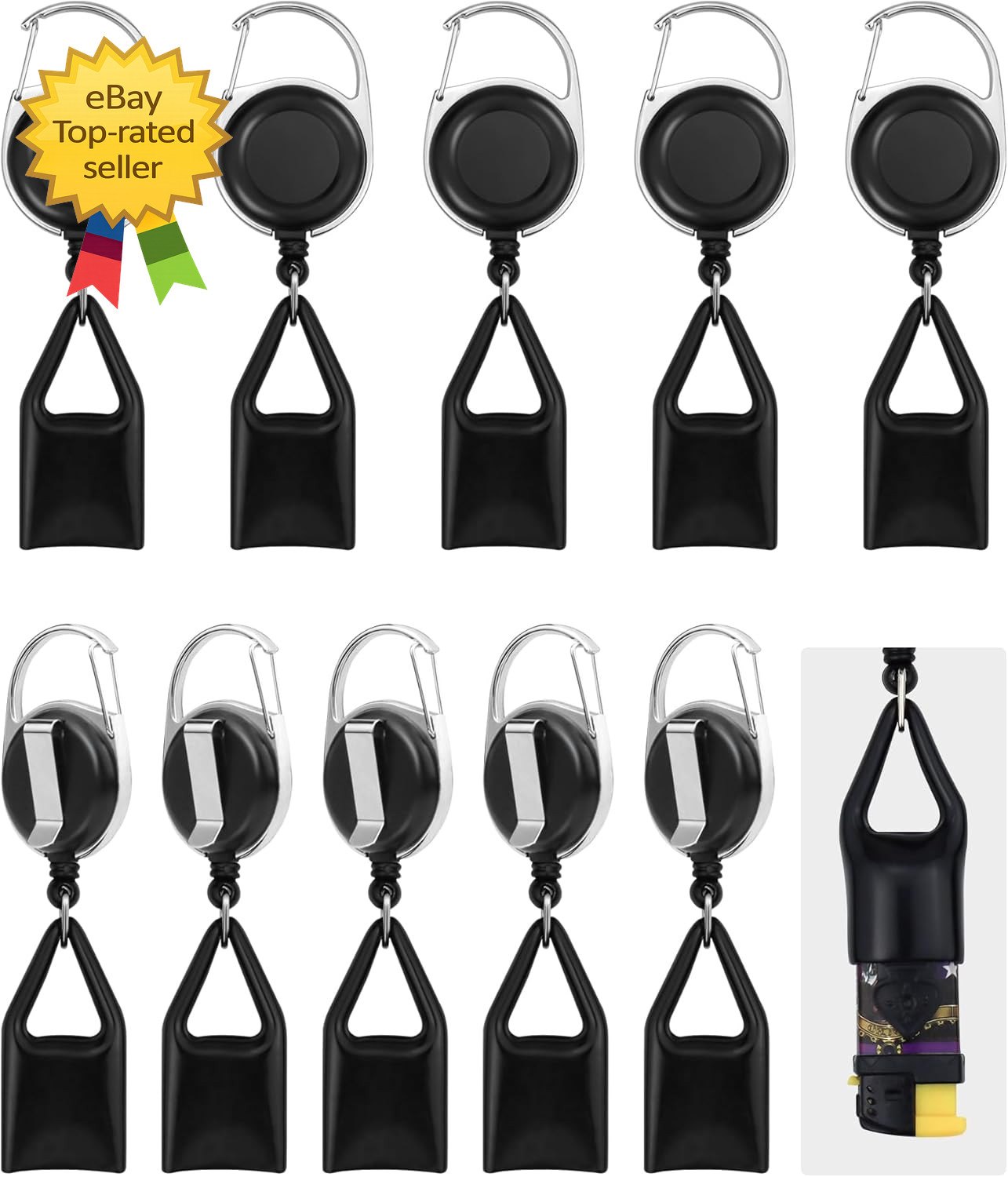 10PCS Retractable Lighter Clip Holder Keychain Lighter Leash Black