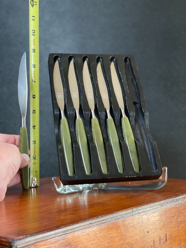 Cutlass Leppington Sheffield England Butter Knife Set Green Handles 1960s MCM