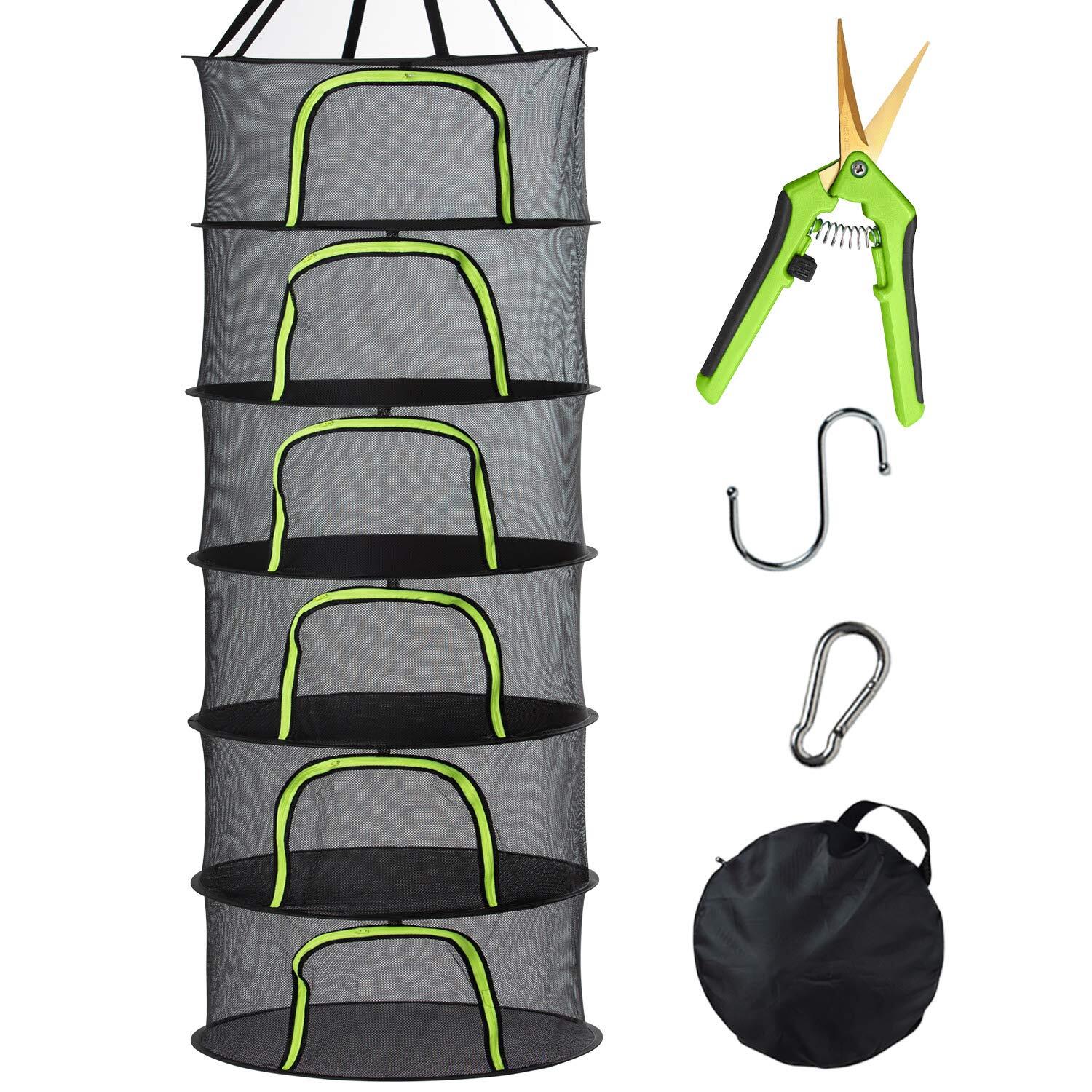 6 Tier Black Mesh Zippered Herb Drying Rack Hanging Dryer Dry Net with Prunin