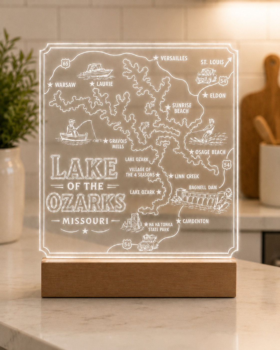 Lake of the Ozarks LED Night Light, Engraved Acrylic Map Sign with Color Change
