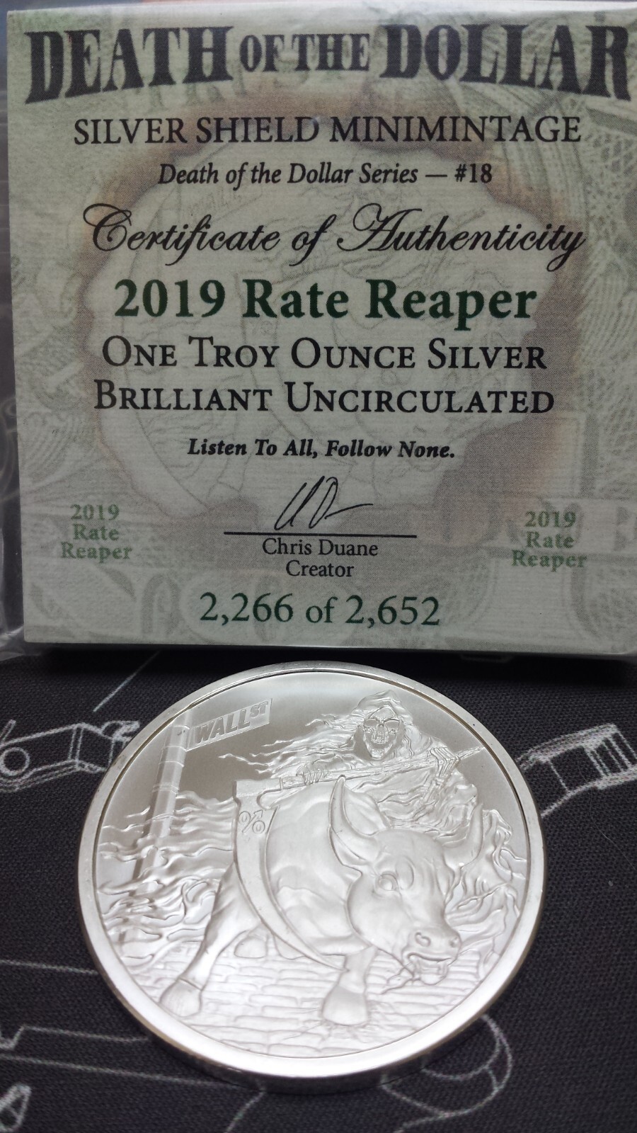 2019 Rate Reaper 1 Oz. BU Silver Shield Mini Mintage Death of Dollar Series #18