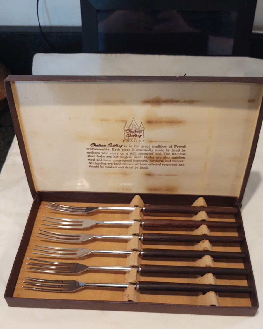MCM set 6 Never used in Box Chateau Cutlery LONG Forks Stainless Rosewood Vtg