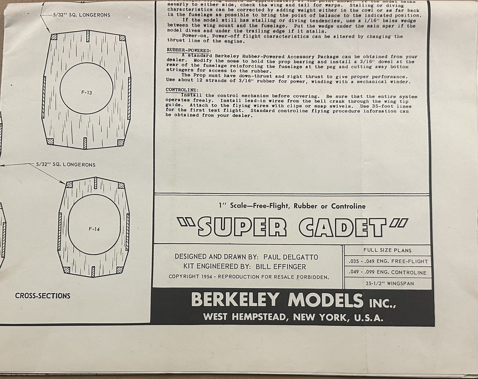 Super Cadet Berkeley Kit PLANS to build a 35 1/2 wingspan scale model airplane.