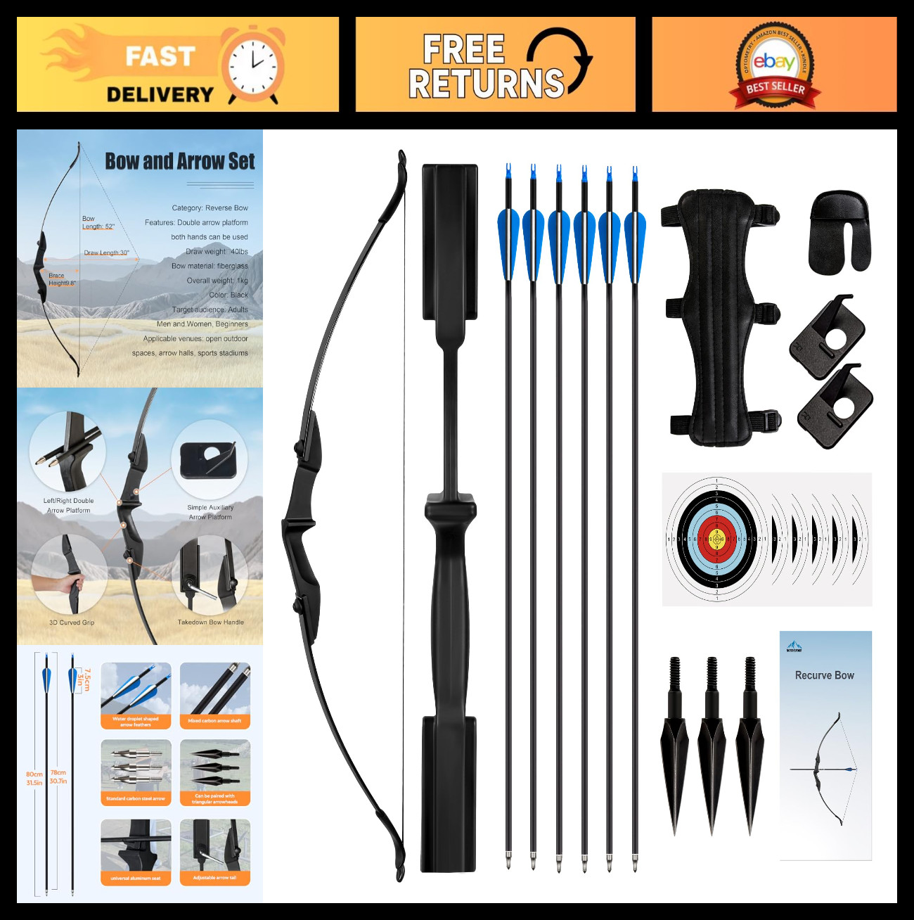 Takedown Recurve Bow and Arrow Set for Adults - 40lbs, Left/Right Hand Archery G