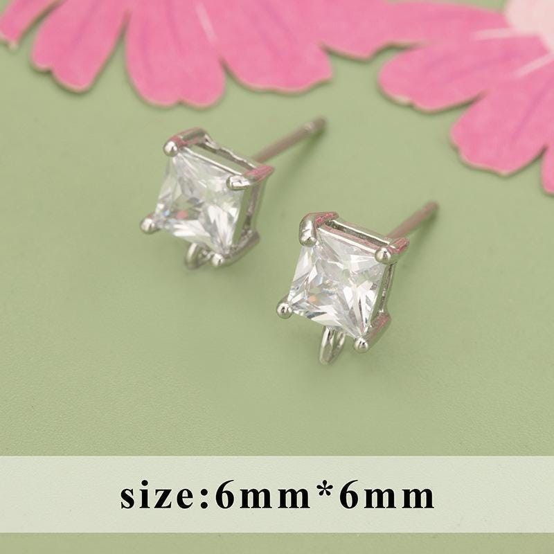 1Pair Rhodium Cubic Zirconia Square Stud Earrings Component GCR502-Silver