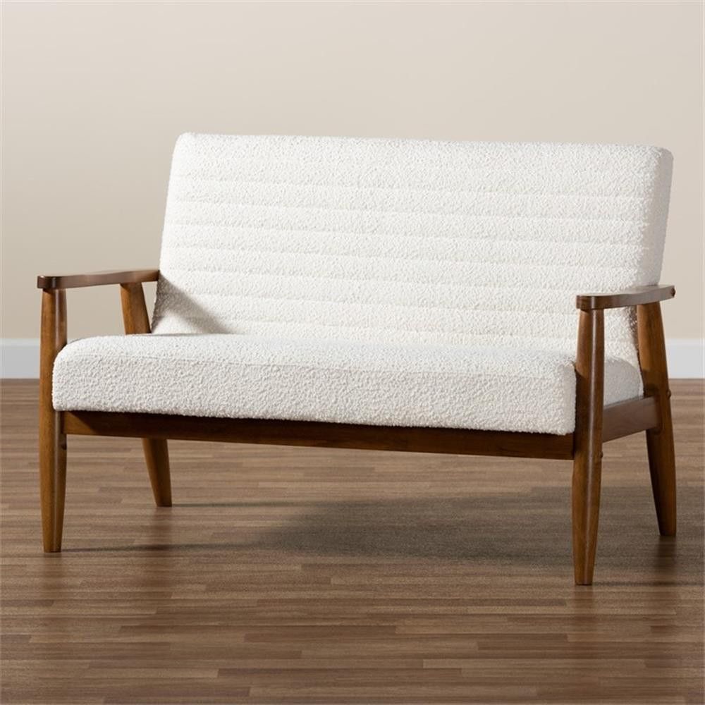 Baxton Studio Stratton Cream Boucle Fabric and Walnut Brown Wood Loveseat