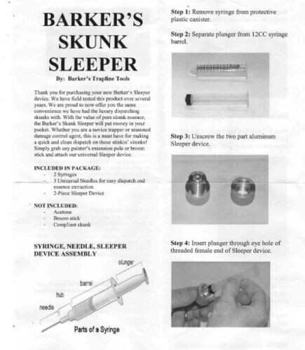 Barker's Skunk Sleeper Dispatch ADC Syringe Trapping Supplies