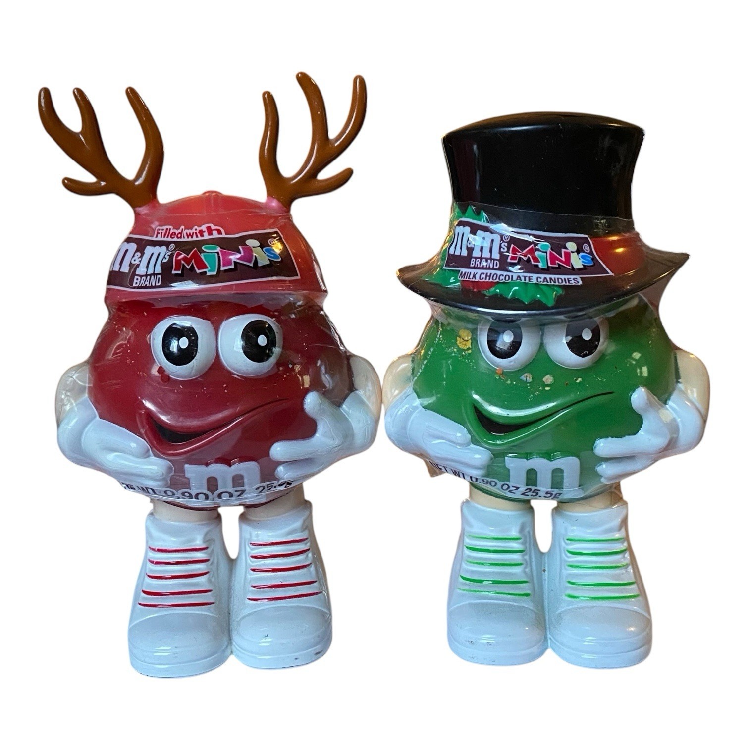 M&M's Minis Candy Dispensers, Sealed, Christmas Top Hat, Reindeer Hat - Lot of 2