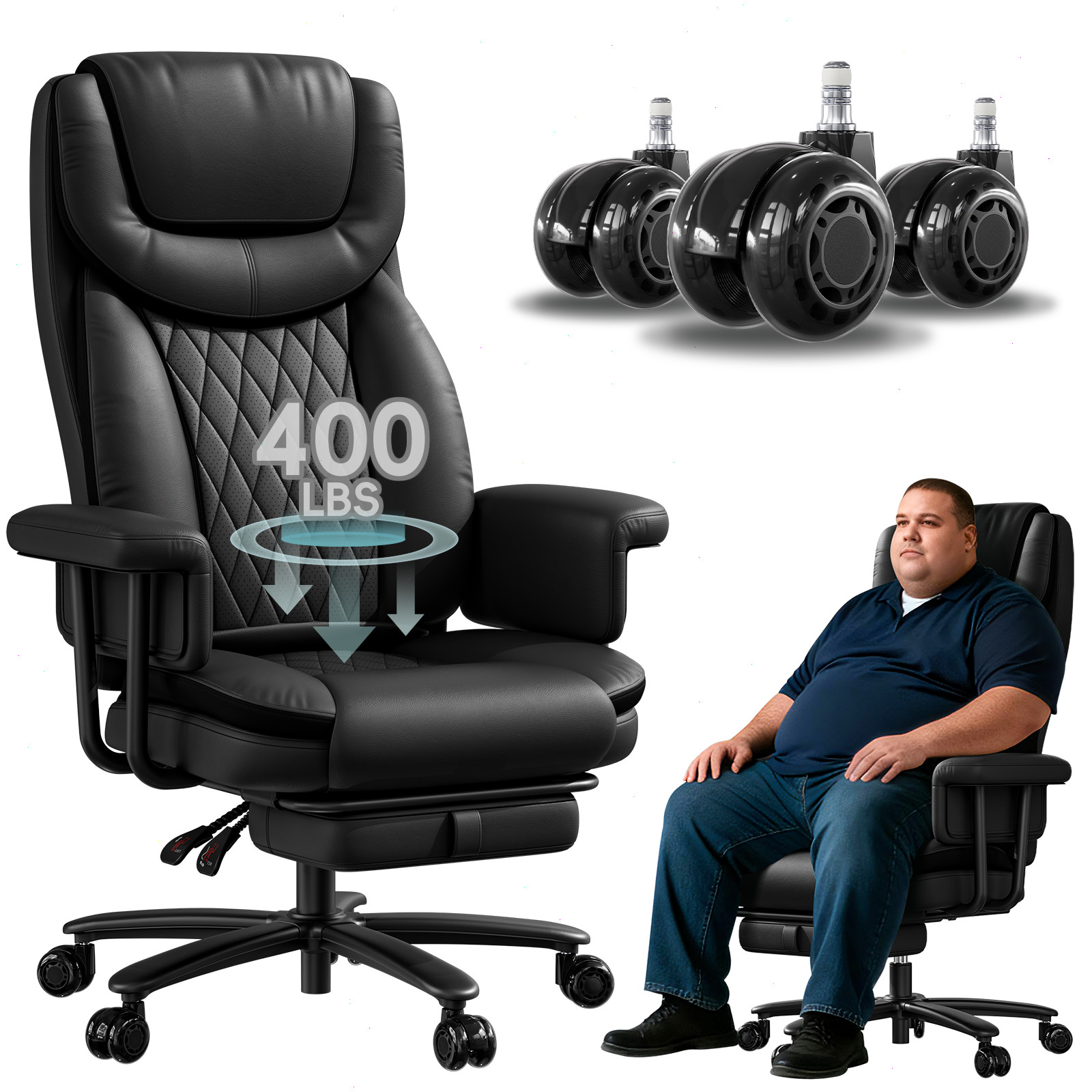 Big and Tall Office Chair 400LBS Reclining Retractable Footrest PU Quiet Rollers