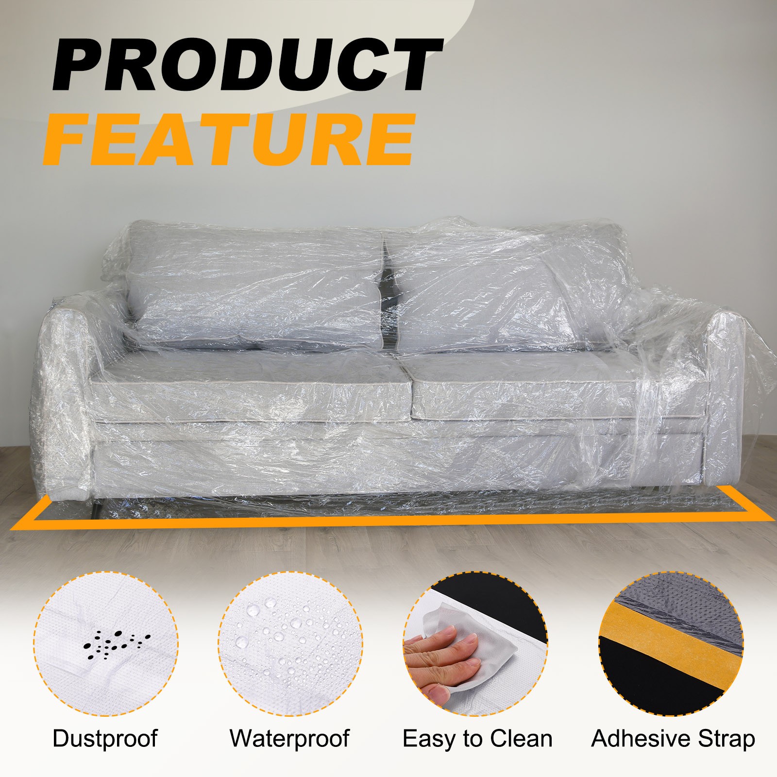 65.6ft x 177.2" Plastic Sofa Couch Cover Furniture Protector with Adhesive Strap