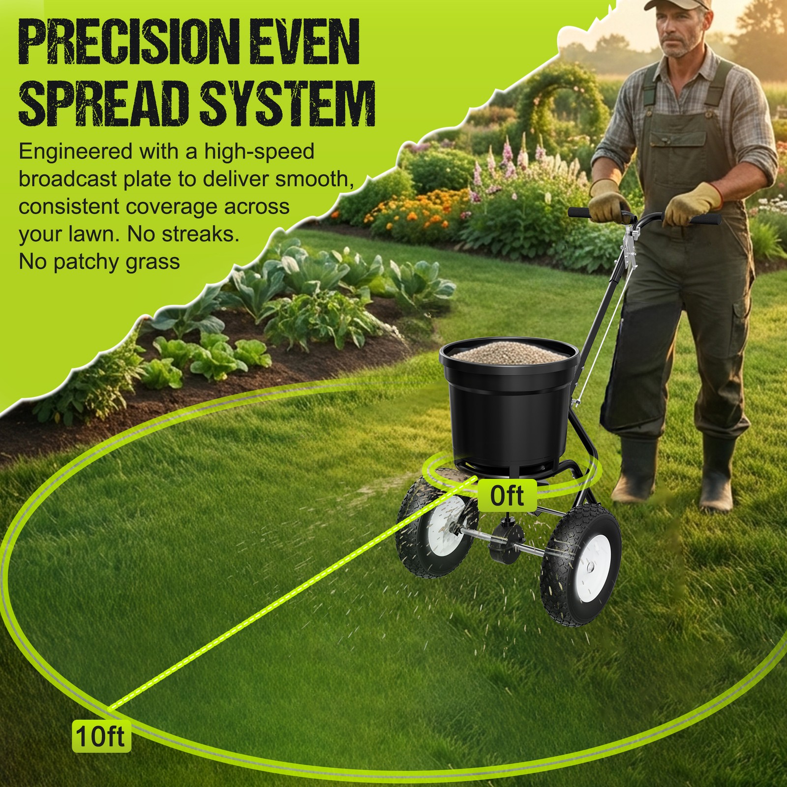 Fertilizer Spreader 50LBS Capacity 0–10FT Spreading Width Seed & Salt Spreader