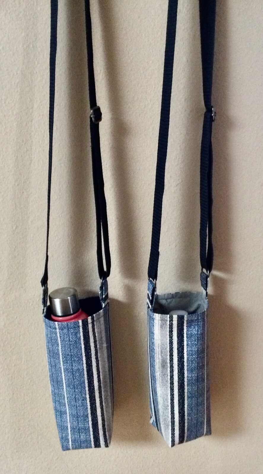 Handmade Crossbody Water Bottle Holder; Blue/Gray Stripe; Adjustable Strap/Lined
