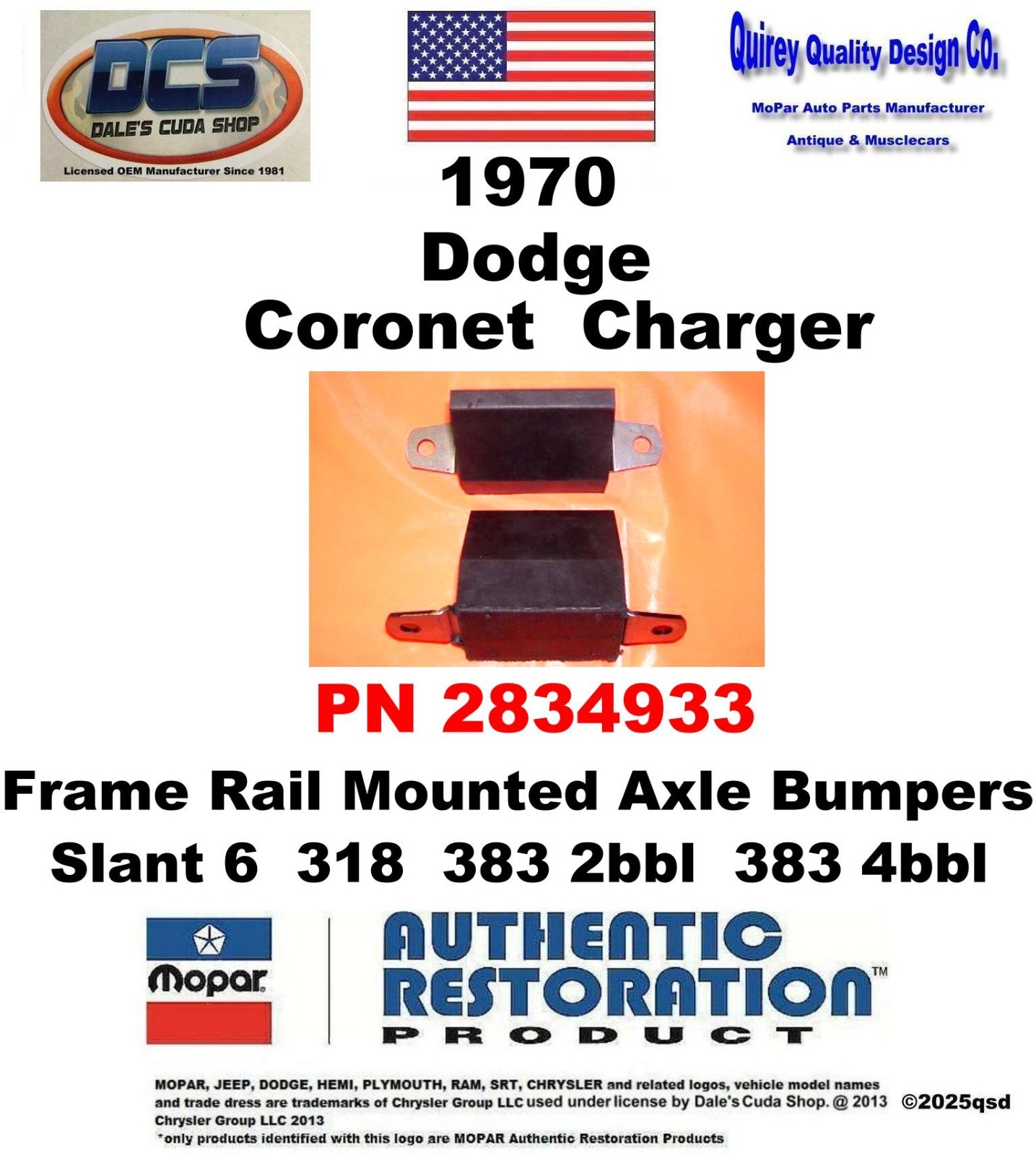 1970 Charger Coronet 318 383 Frame Rail Rear Axle Bumpers 2983933 New MoPar USA