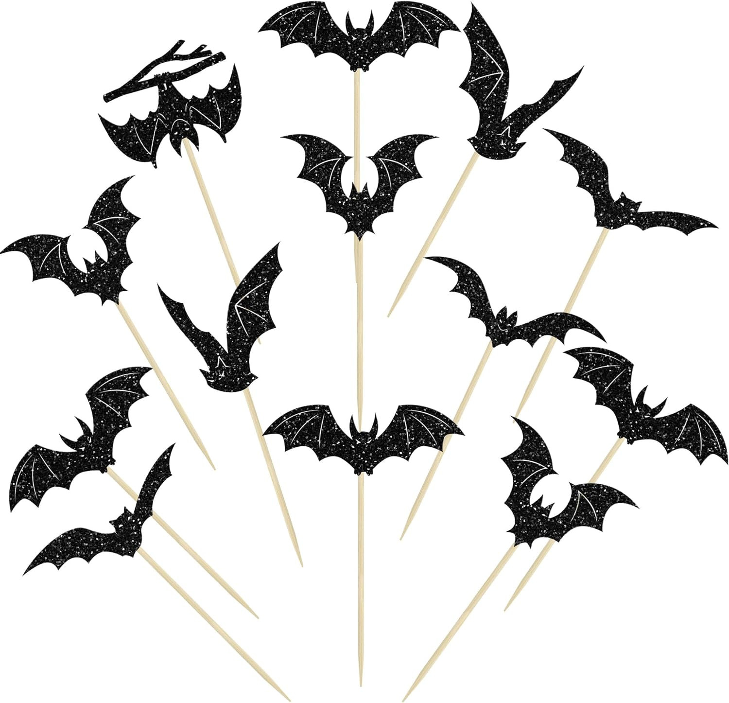 24Pcs Halloween Bat Cupcake Toppers Black Glitter Bat Halloween Cupcake Picks fo
