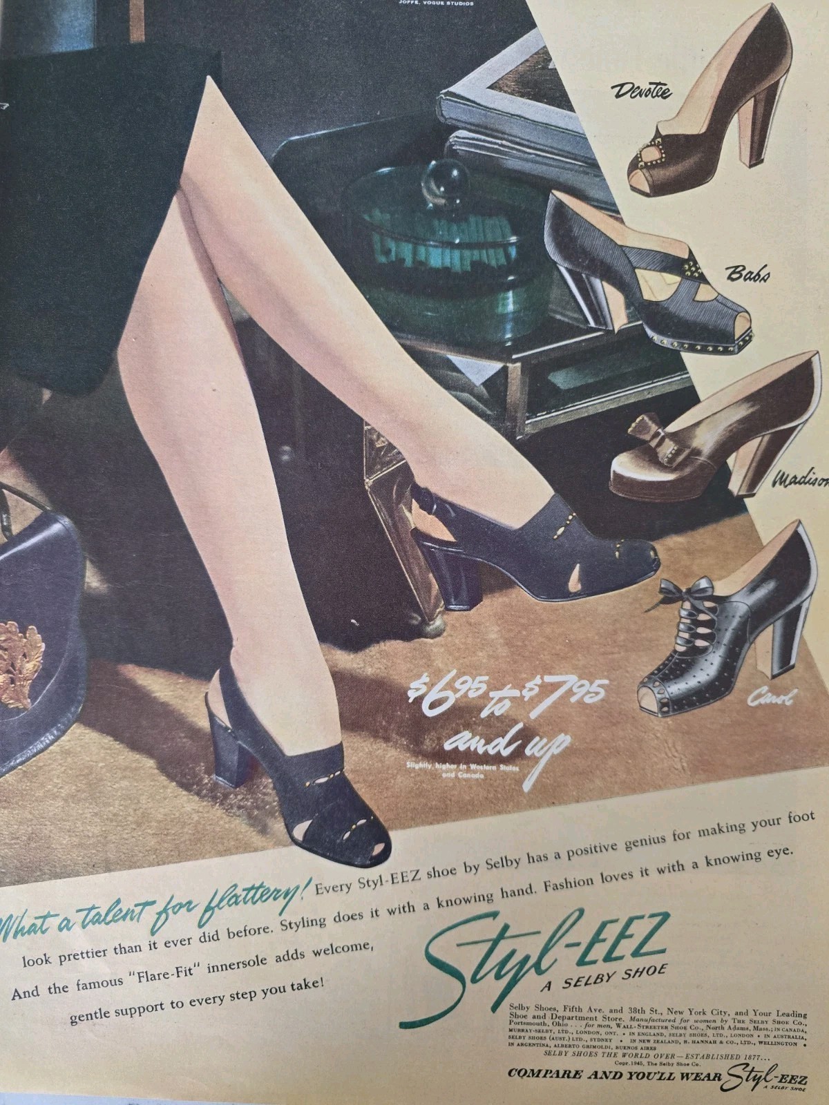 1945 Selby Styl-eez Women's Shoes Crossed Legs Talent for Flattery Vintage Ad