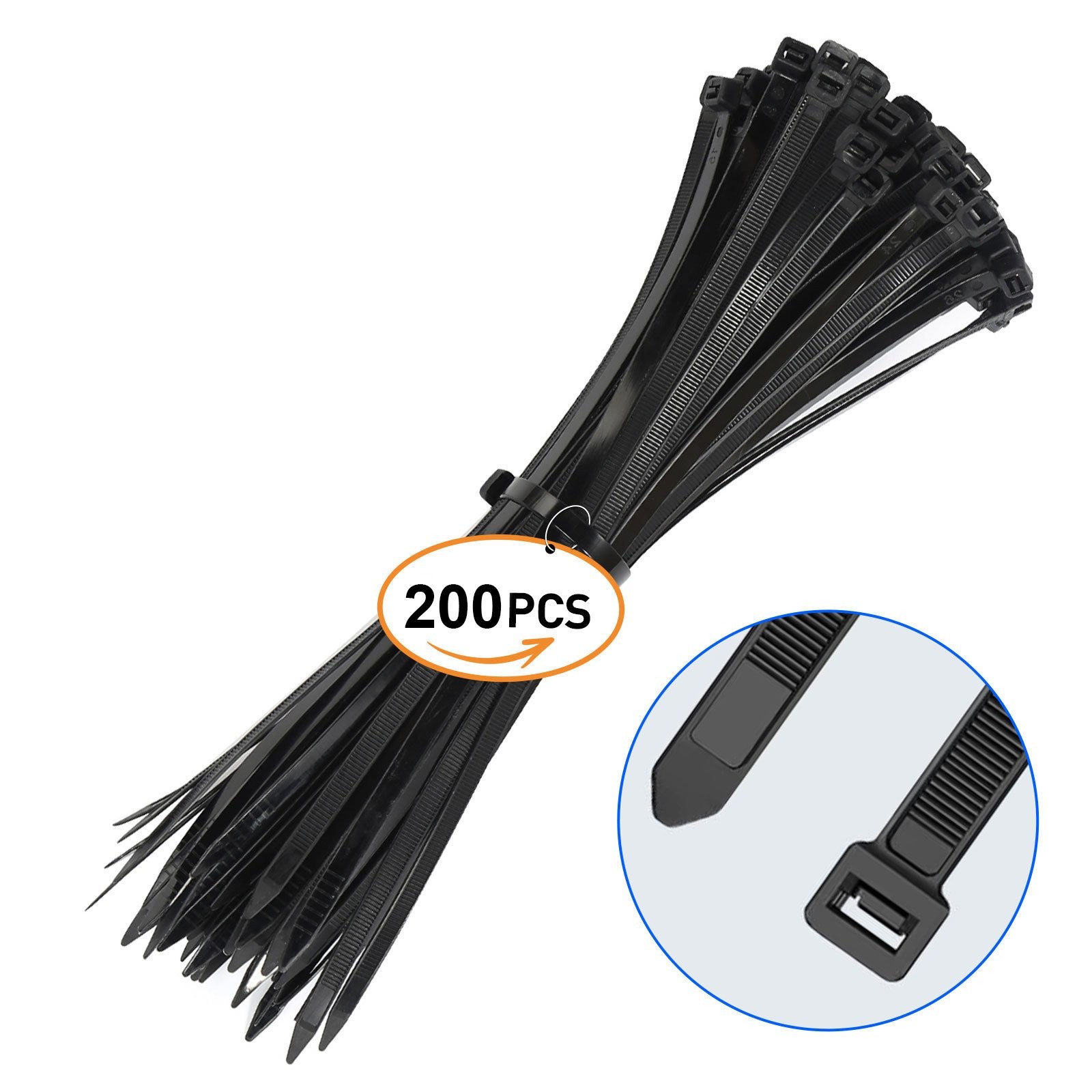 200Pcs UL Listed Black Zip Ties Heavy Duty UV 6 8 10 Inch