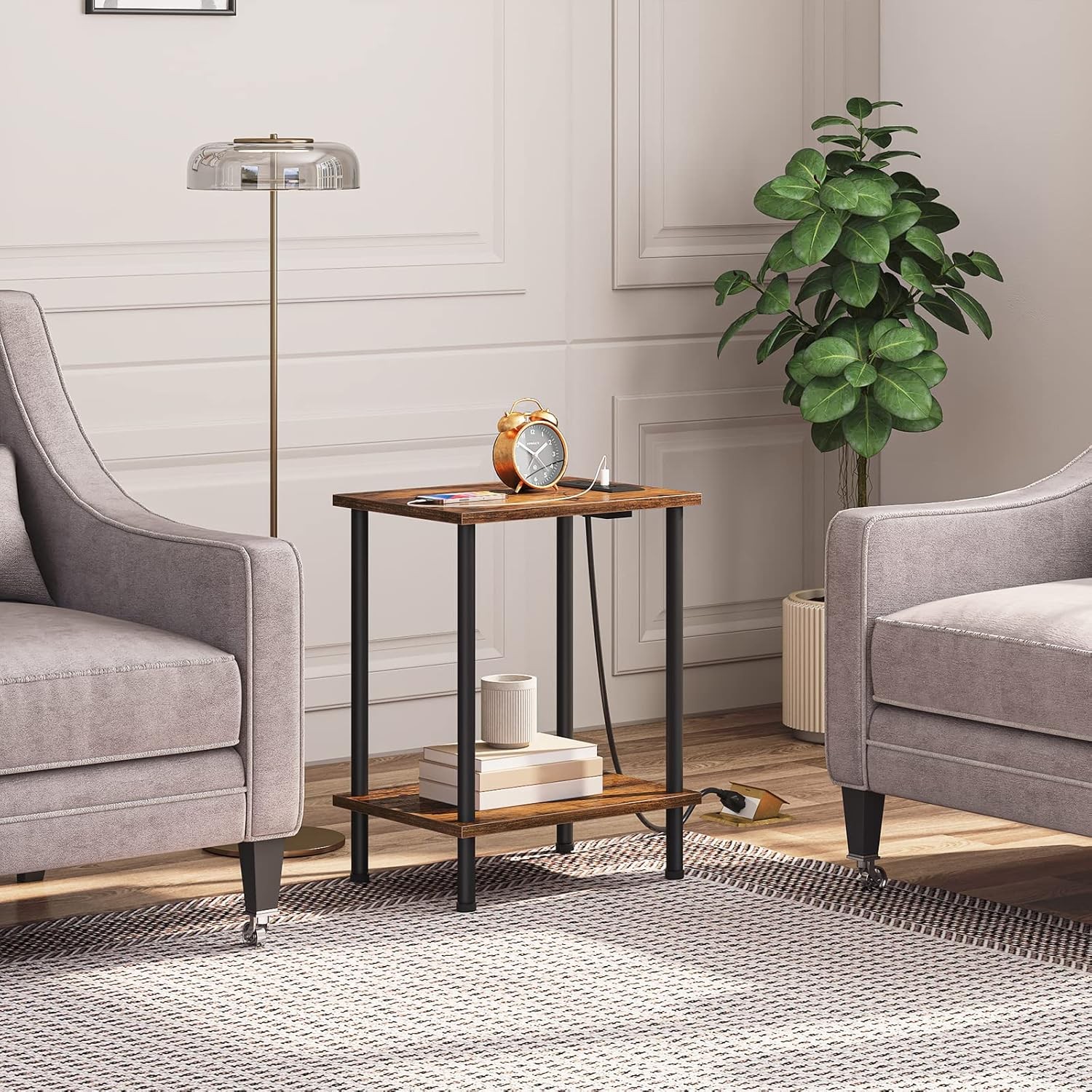 HOOBRO Side Table with Charging Station, End Rustic Brown + Black