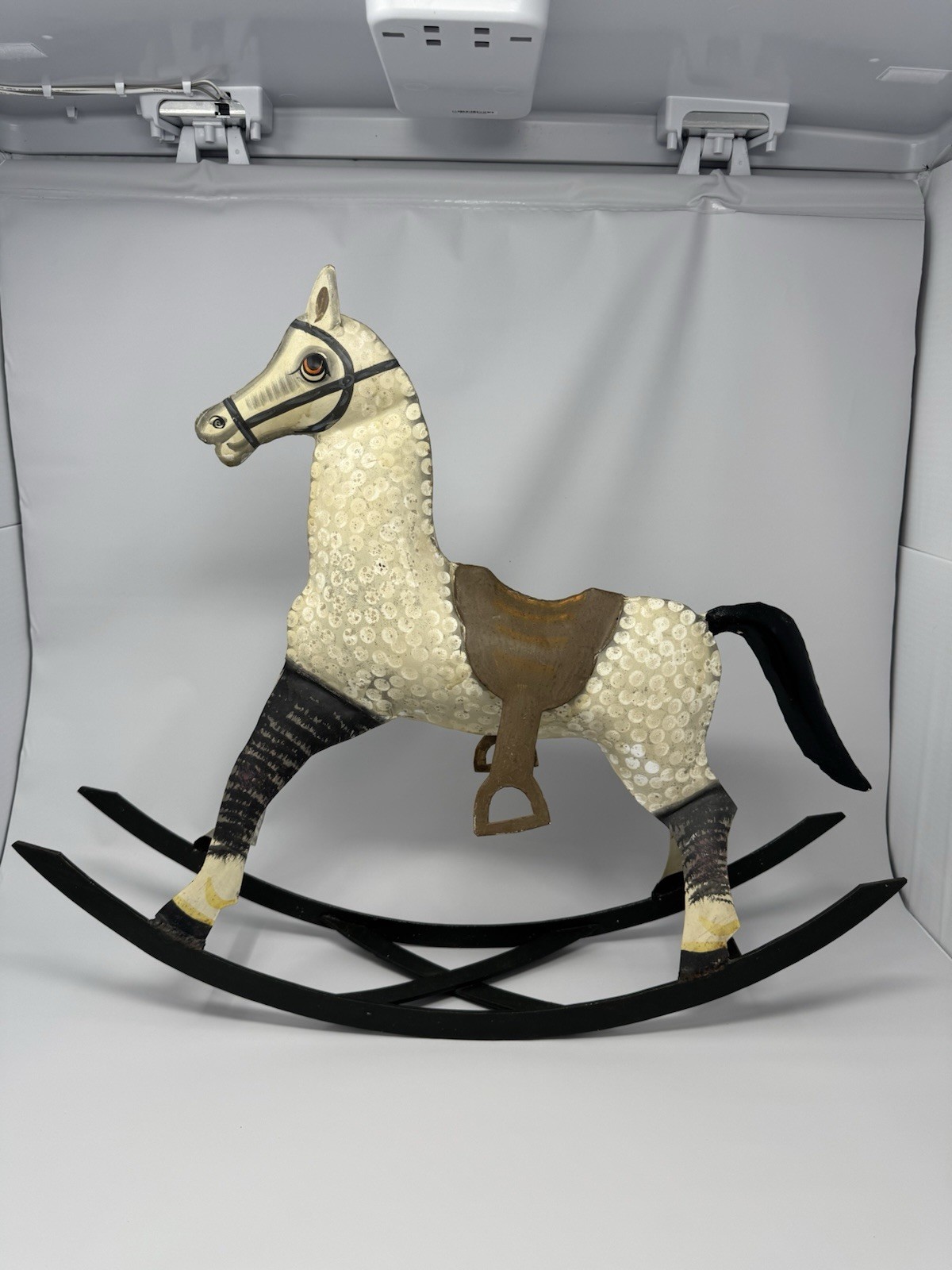 Vtg Primitive Rocking Horse Folk Art Decor Hand Painted Metal Sculpture 18.75” H