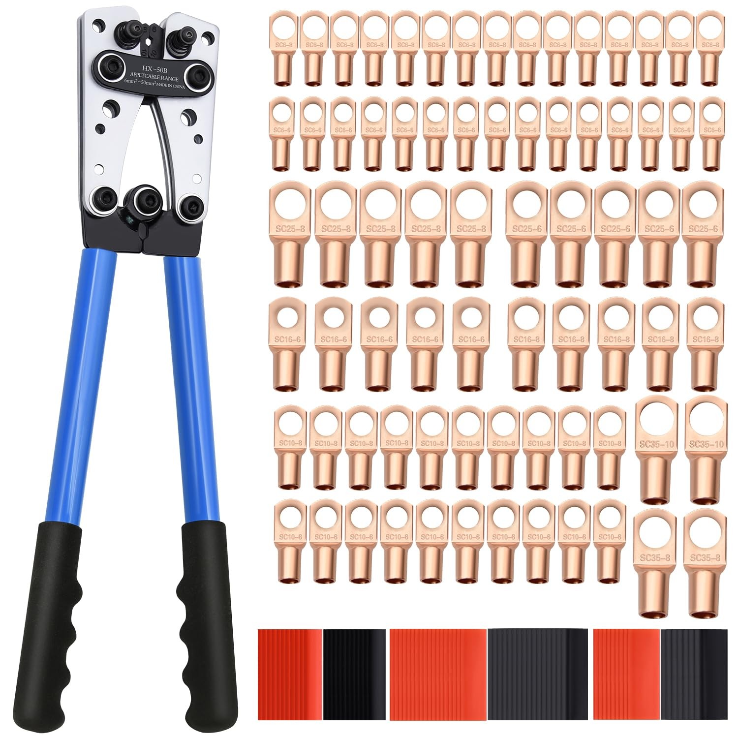 Cable Lug Crimping Tool with 74pcs Copper Wire Lugs, 100pcs Dual Wall Adhesiv...