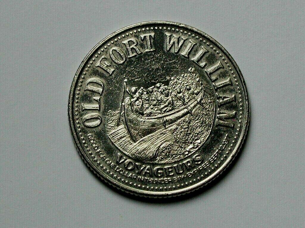 Thunder Bay ON CANADA 1977 Trade DOLLAR Token with Voyageurs in 'Montreal' Canoe