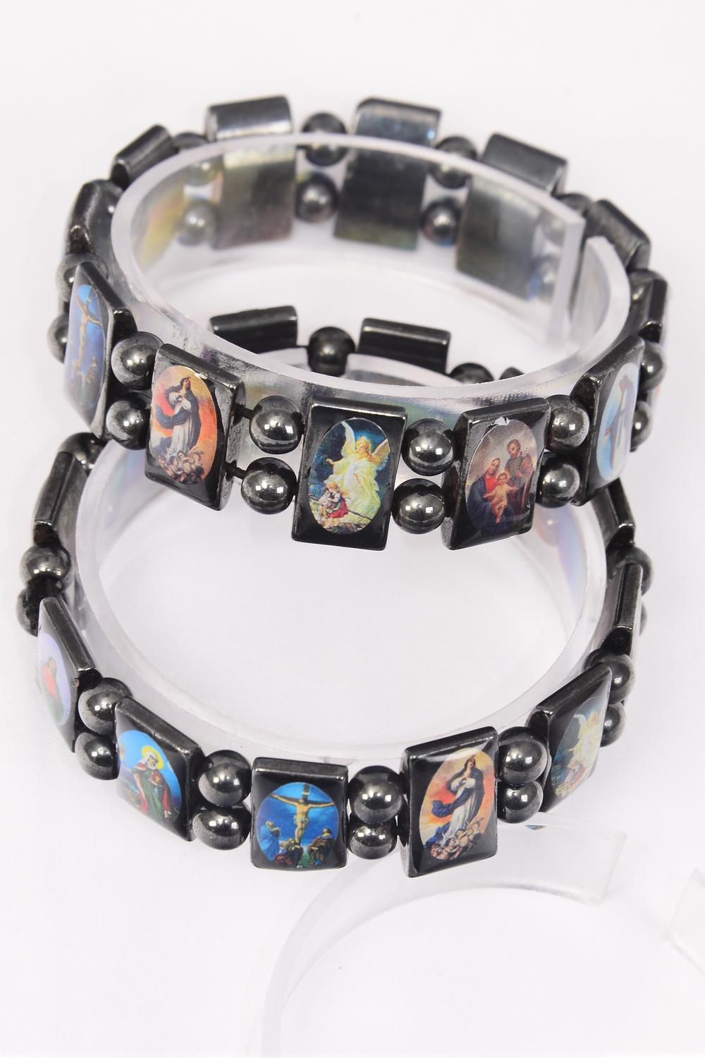 Jesus and the Saints HEMATITE stone bracelet - stretch - good quality stone