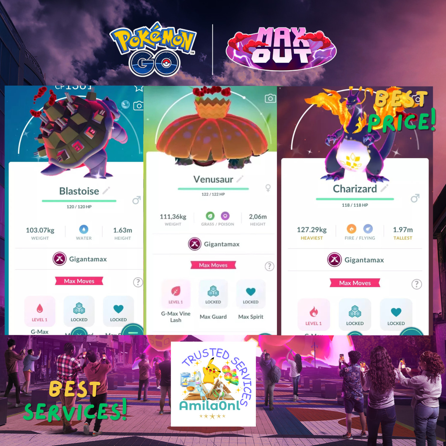 Pokémon go✿✿Shiny Gigantamax Charizard✿Venusaur✿Blastoise✿PTC 800k stardust