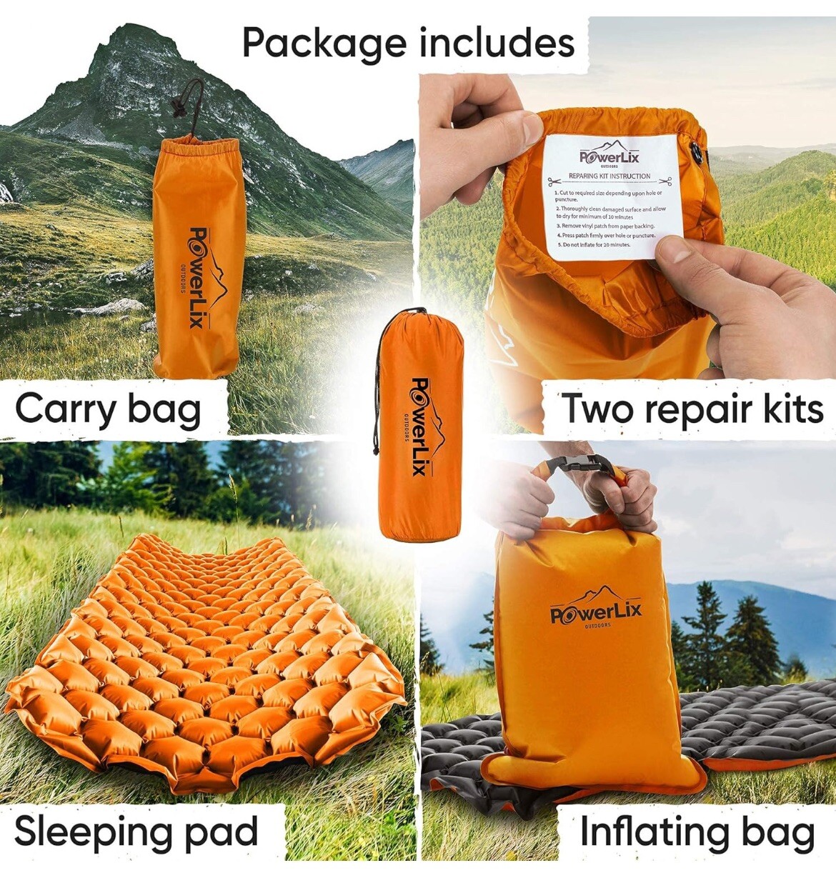 POWERLIX Outdoors SLEEPING PAD Easy Inflatable Camping Mat, Orange Light Weight