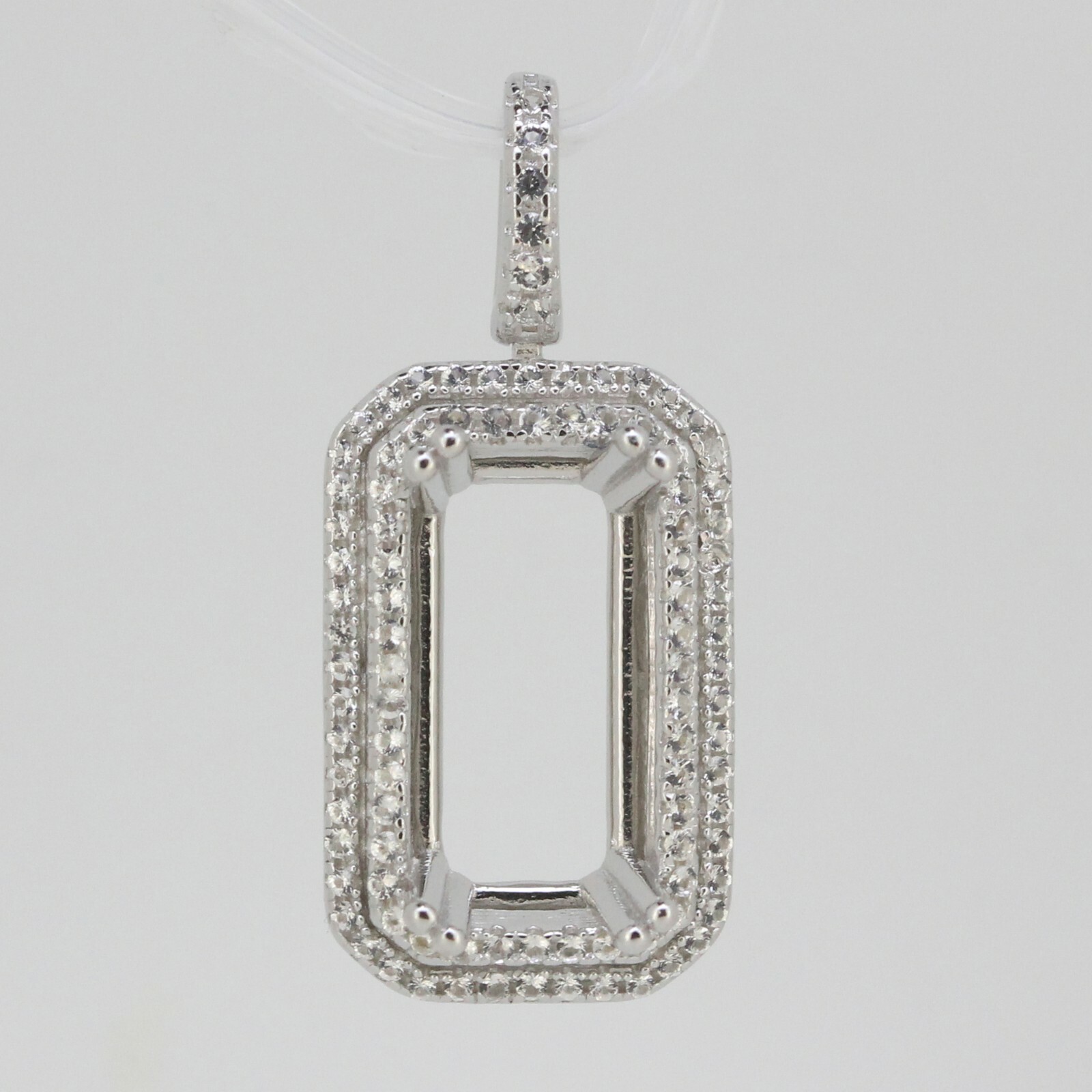 Sterling Silver Semi Mount Pendant Setting Emerald OCT 16x8 mm W/ White Topaz So