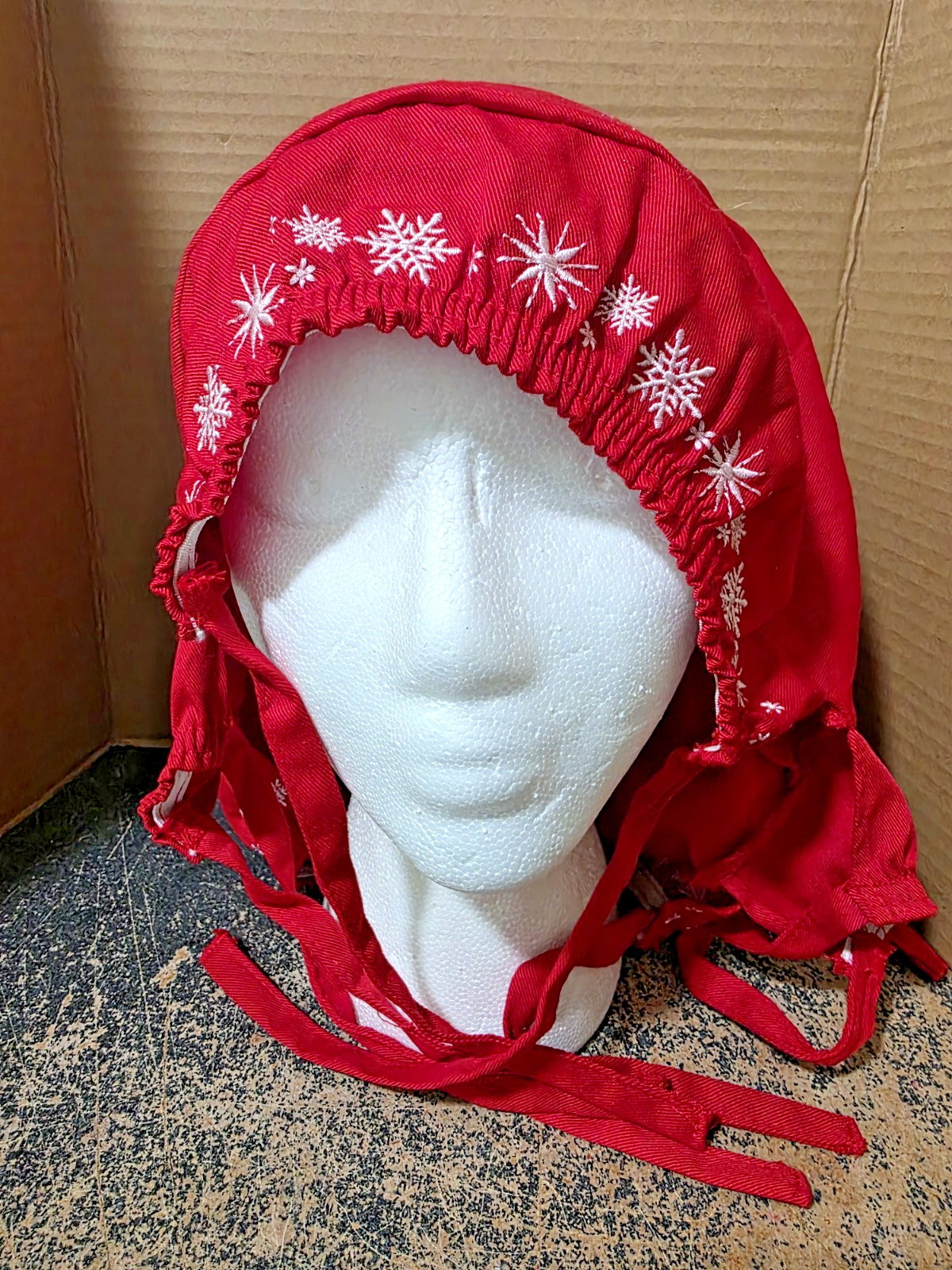 Red Snowflake Elastic Sides Fabric String Tie Old Fashion 1 Size Mrs. Claus Hat