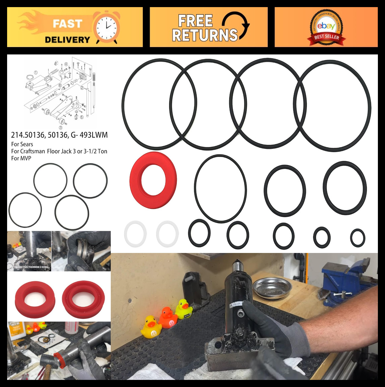 Floor Jack Seal Replacement Kit for 3 & 3.5 Ton Jacks - Fits Sears, Craftsman, M