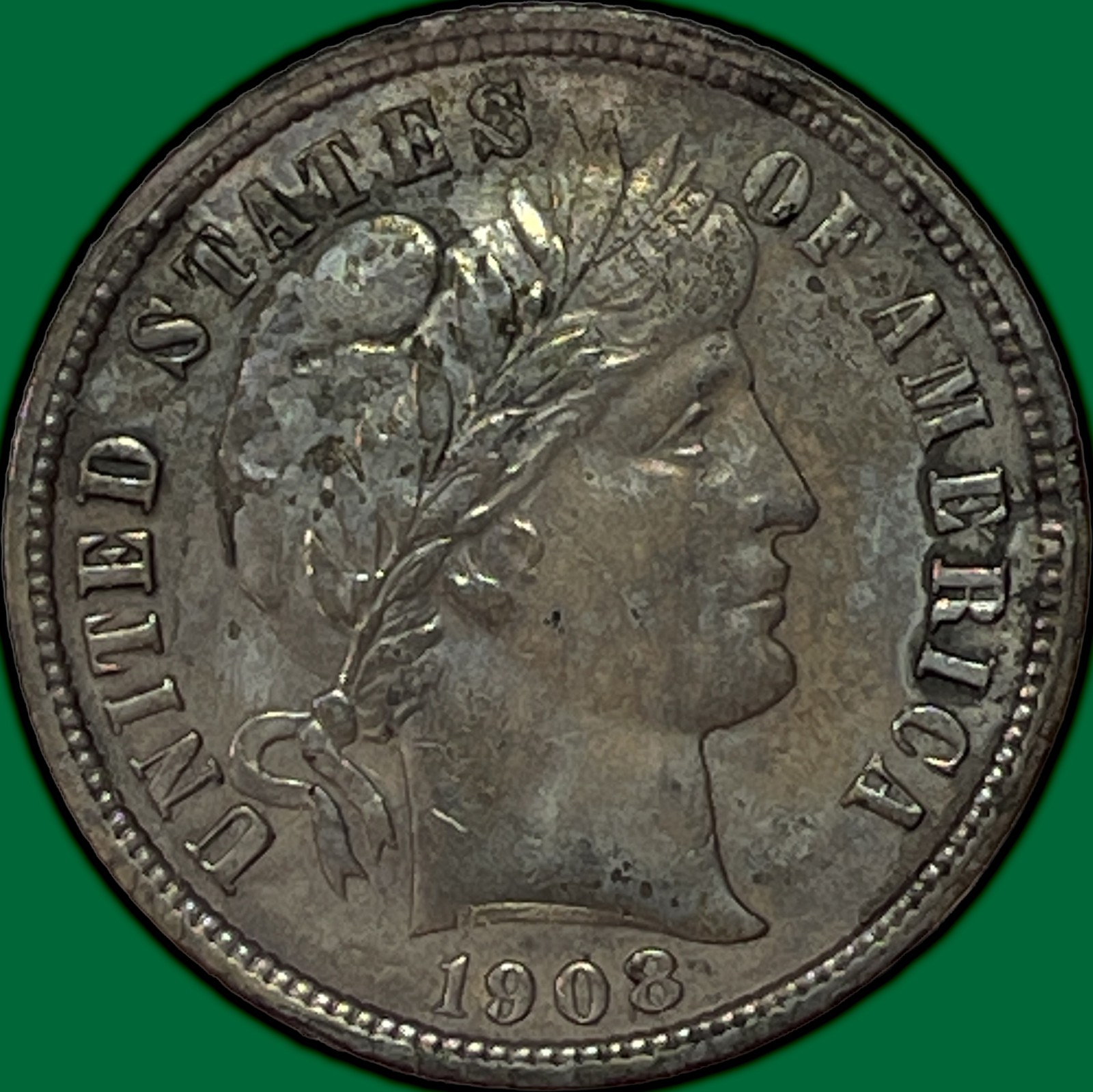 1908 Barber Dime Uncirculated UNC Coin, Dark #43867