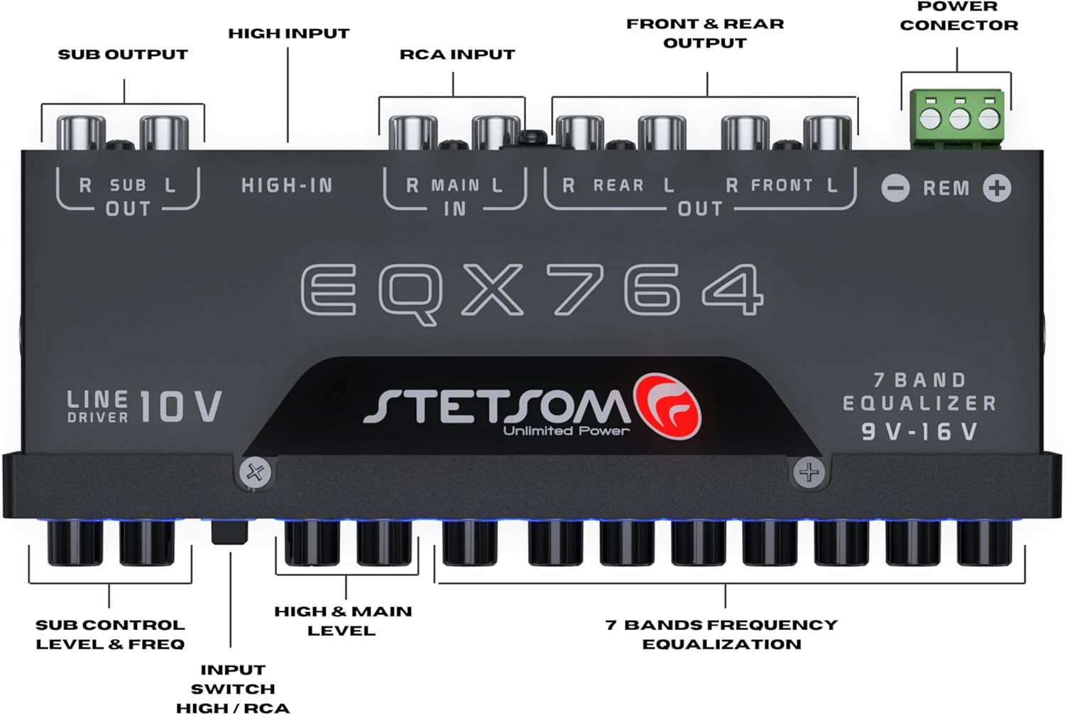 EQX764-7 Band Equalizer, Pre-Amp Car Audio Graphic Equalizer with 4 Inputs (RCA