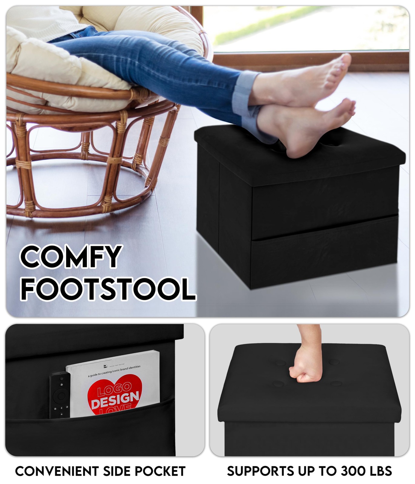 Small Storage Ottoman Foot Rest, Velvet Ottoman with Storage and Side Pocket,...