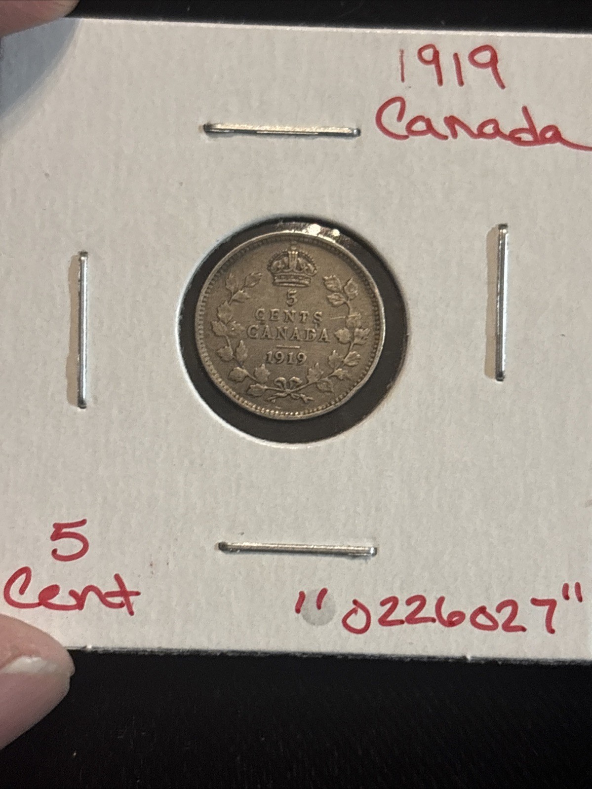 1919 Canada 5 Cents Silver “0226027” Circulated Canadian 5C