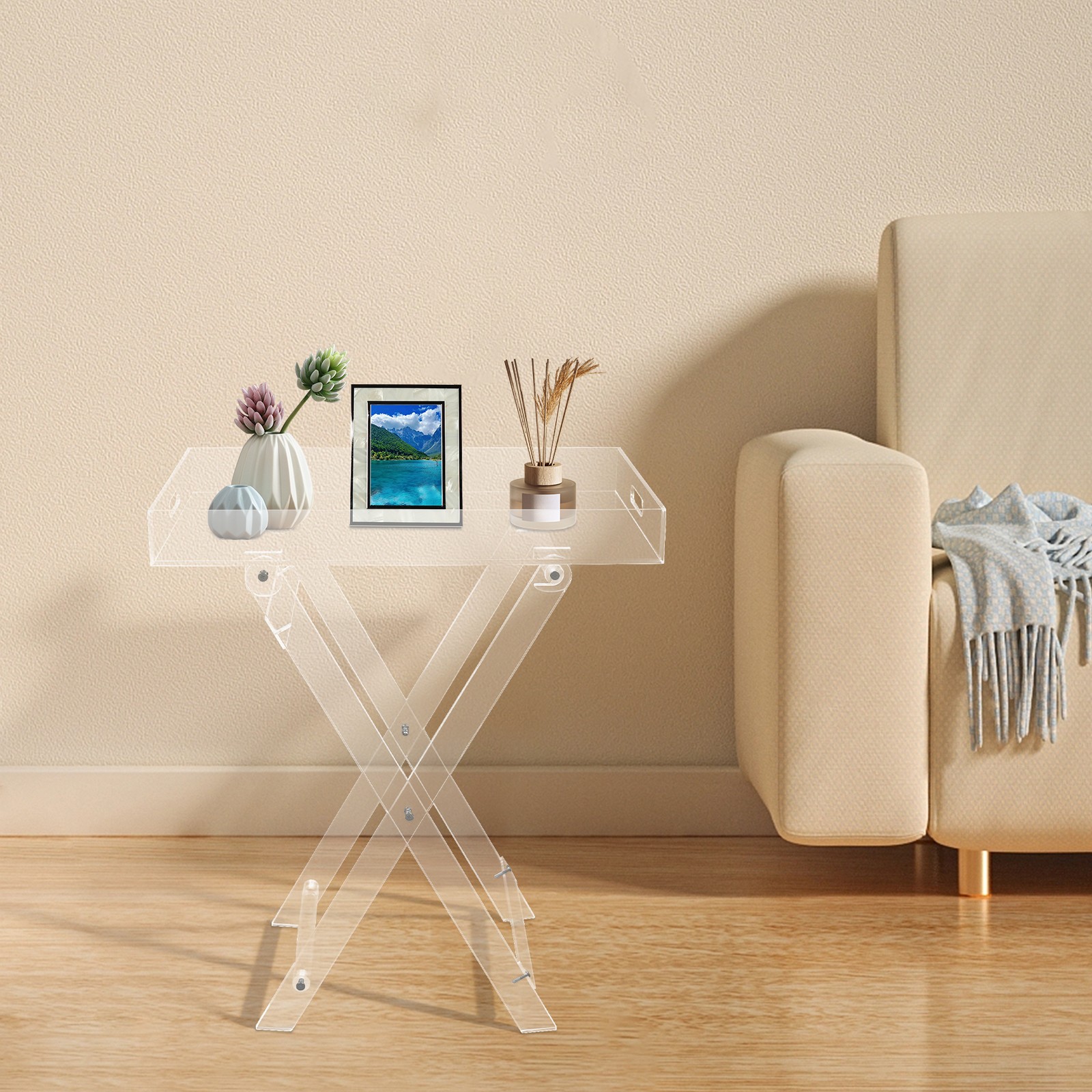 Modern Acrylic Folding Tray Table Clear End Table Small Side Table Coffee Table