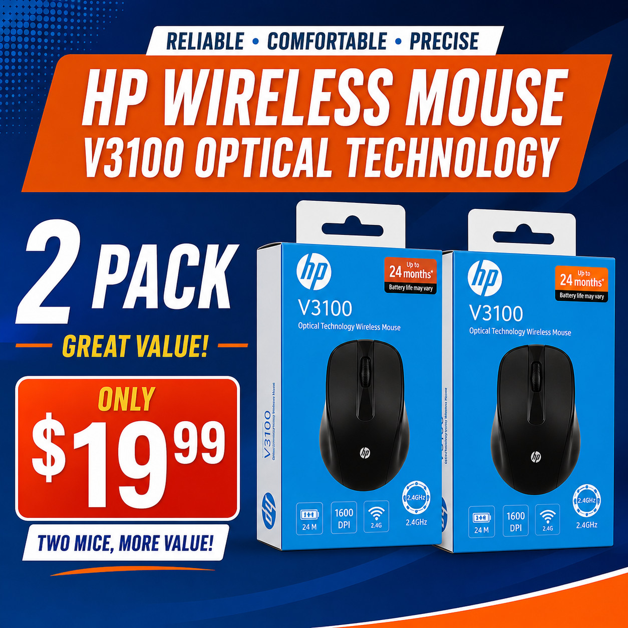 Pack of 5 New HP V3100 Wireless Optical Mice (Black) – Reliable 2.4GHz Wireless