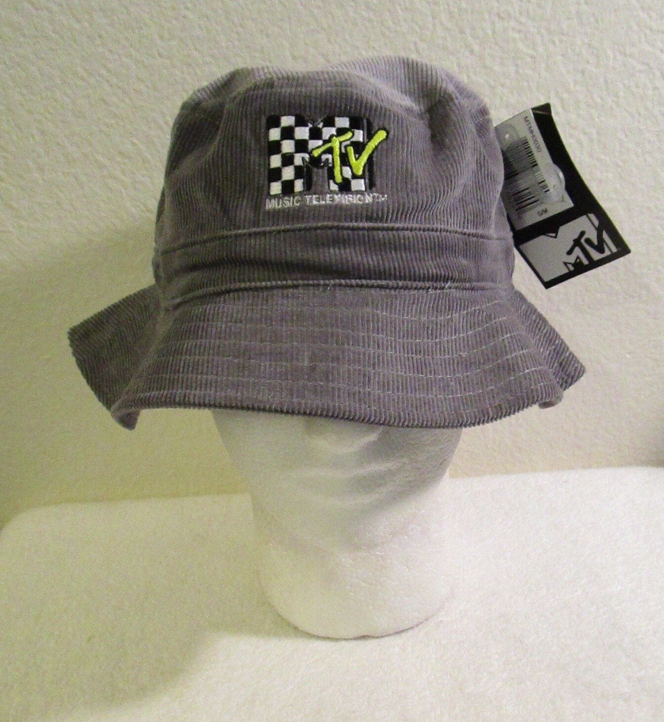 NWT Viacom MTV Womens Checkered Logo Corduroy Bucket Hat S/M Grey MSRP$30