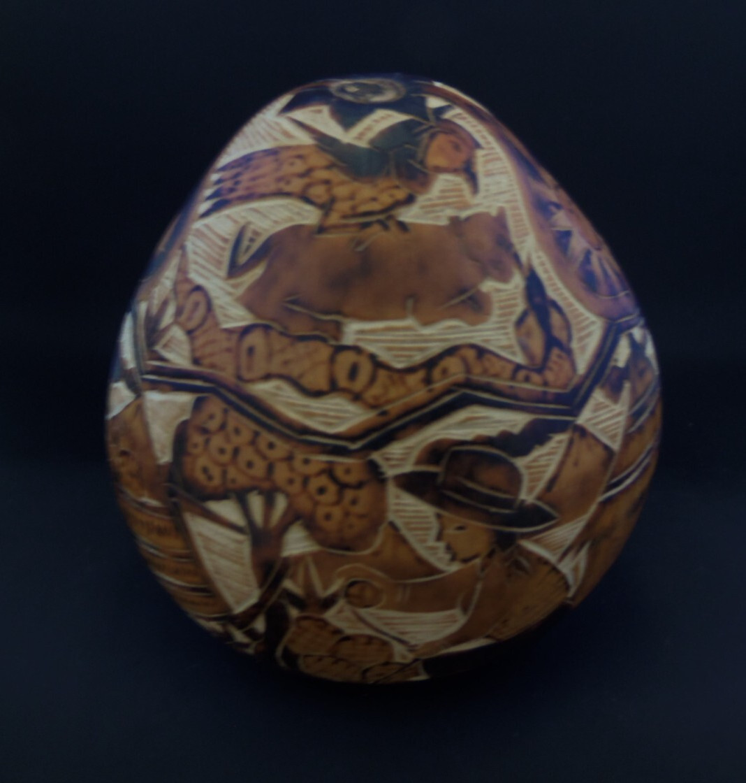 Hand Carved Peruvian Gourd Sun Moon Bird Jaguar, Snake, Pyramids, Alpacas