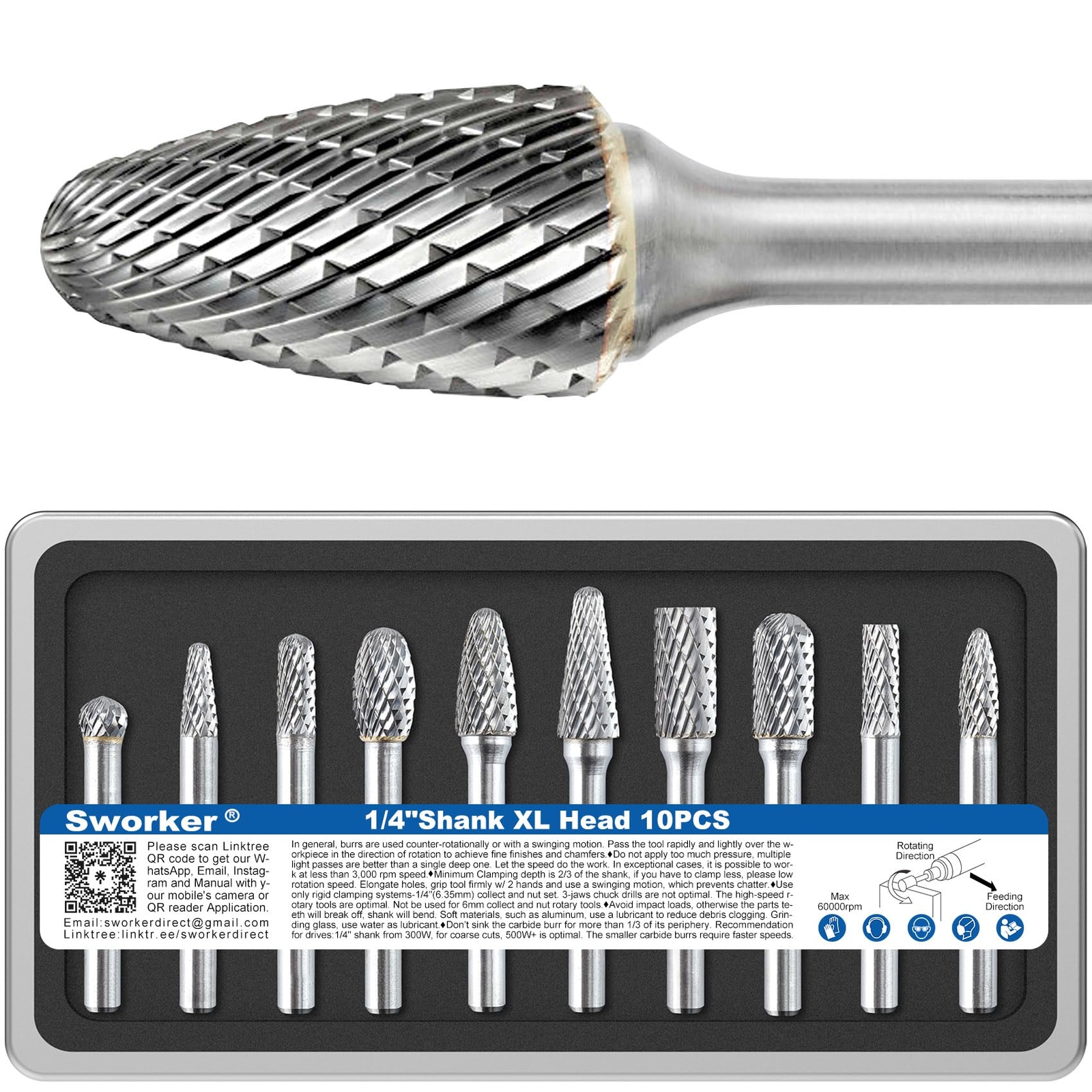 10 PCS 1/4 Carbide Burr Set 1/4 Shank Die Grinder Bits Drill Bits Grinding Bits